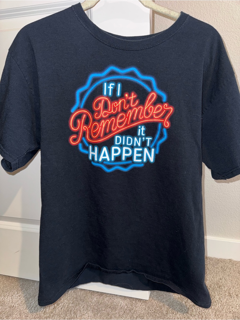 Fruit of the Loom Black Tee with Red and Blue Neon Graphic
